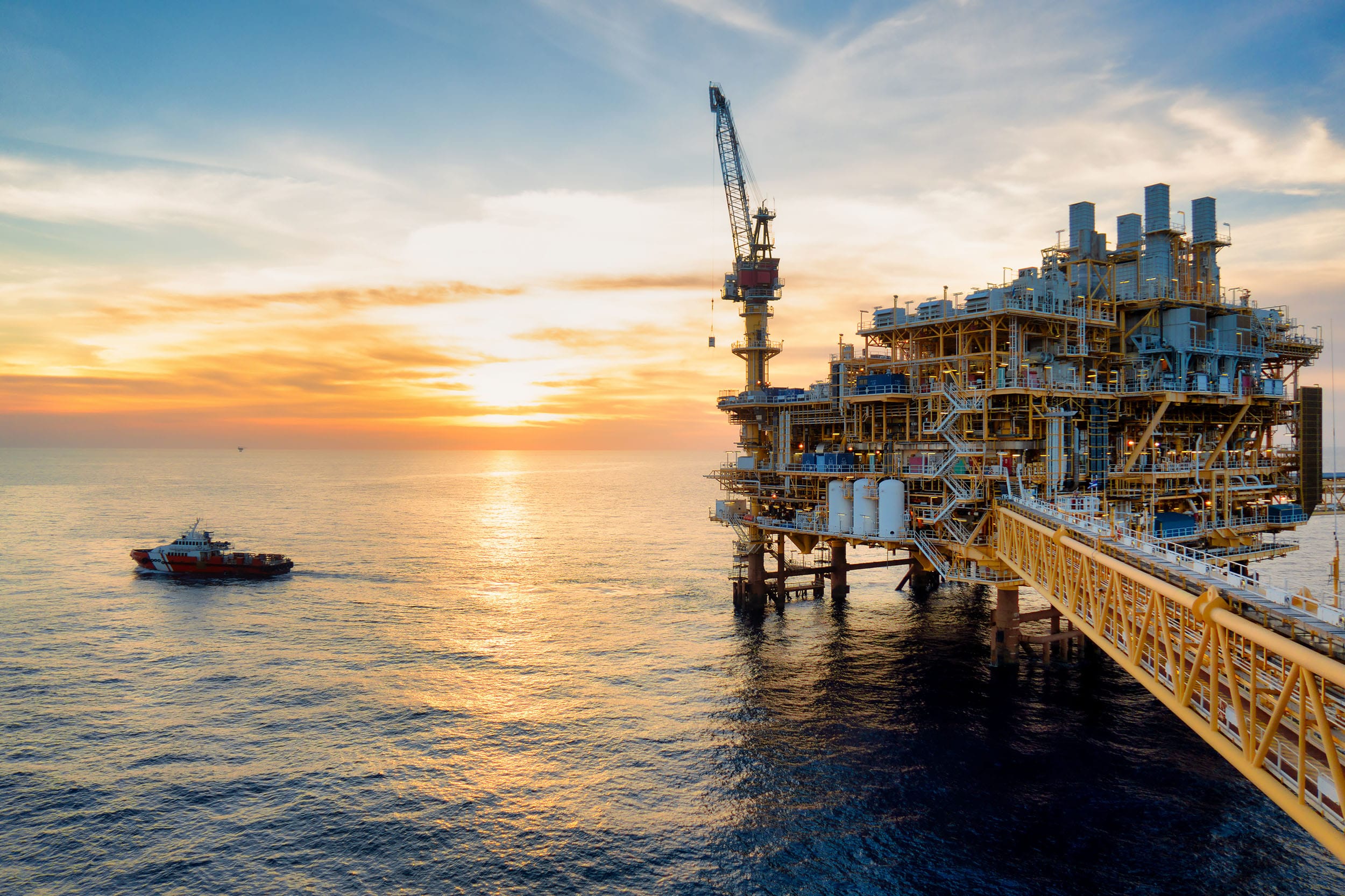 Oil rig with Oil and gas industry platform for produced crude oil, natural gas and produced water in offshore or gulf, petroleum field