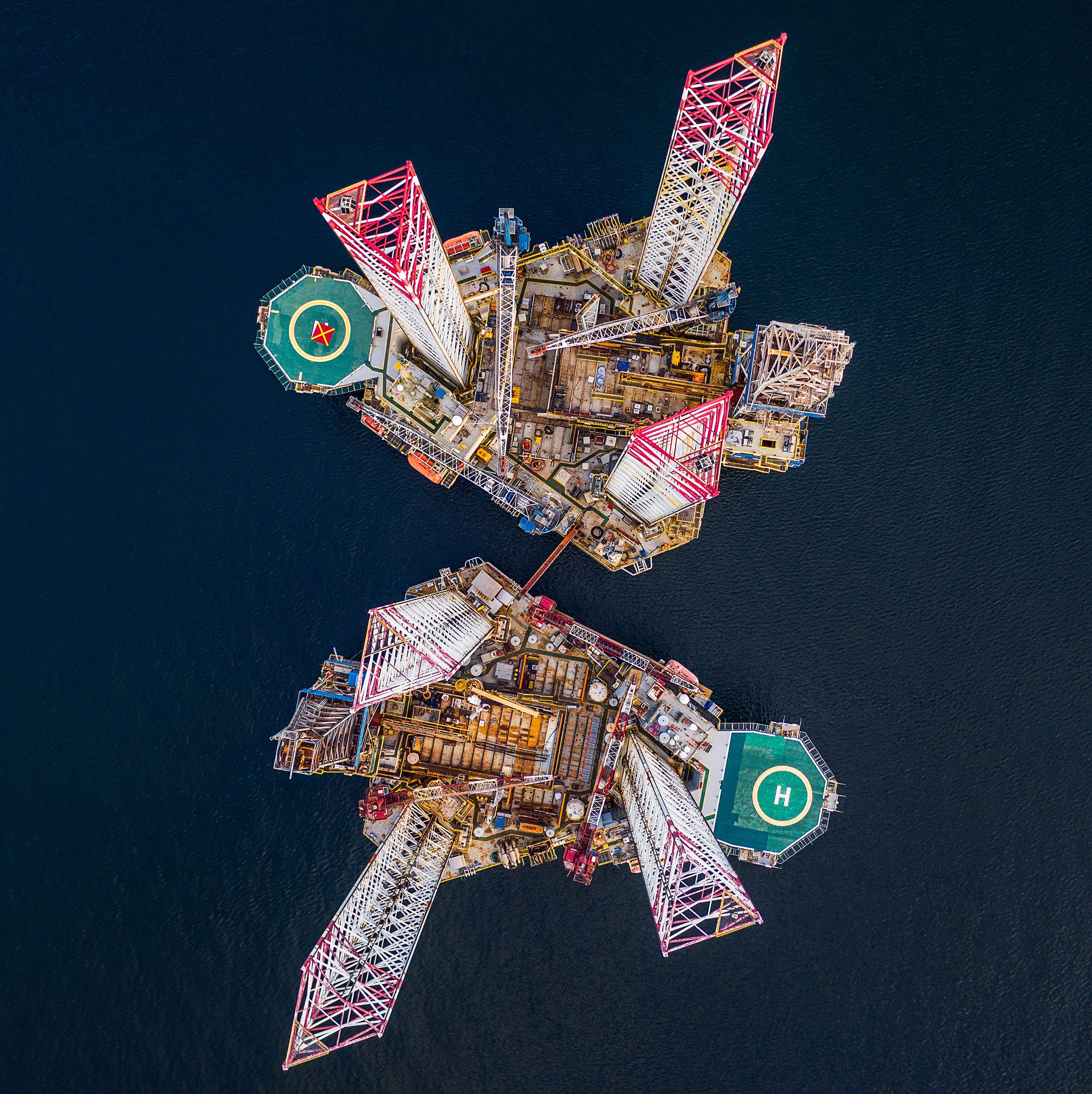 Two drilling rigs photographed from directly above, Cromarty Firth, Scotland, United Kingdom