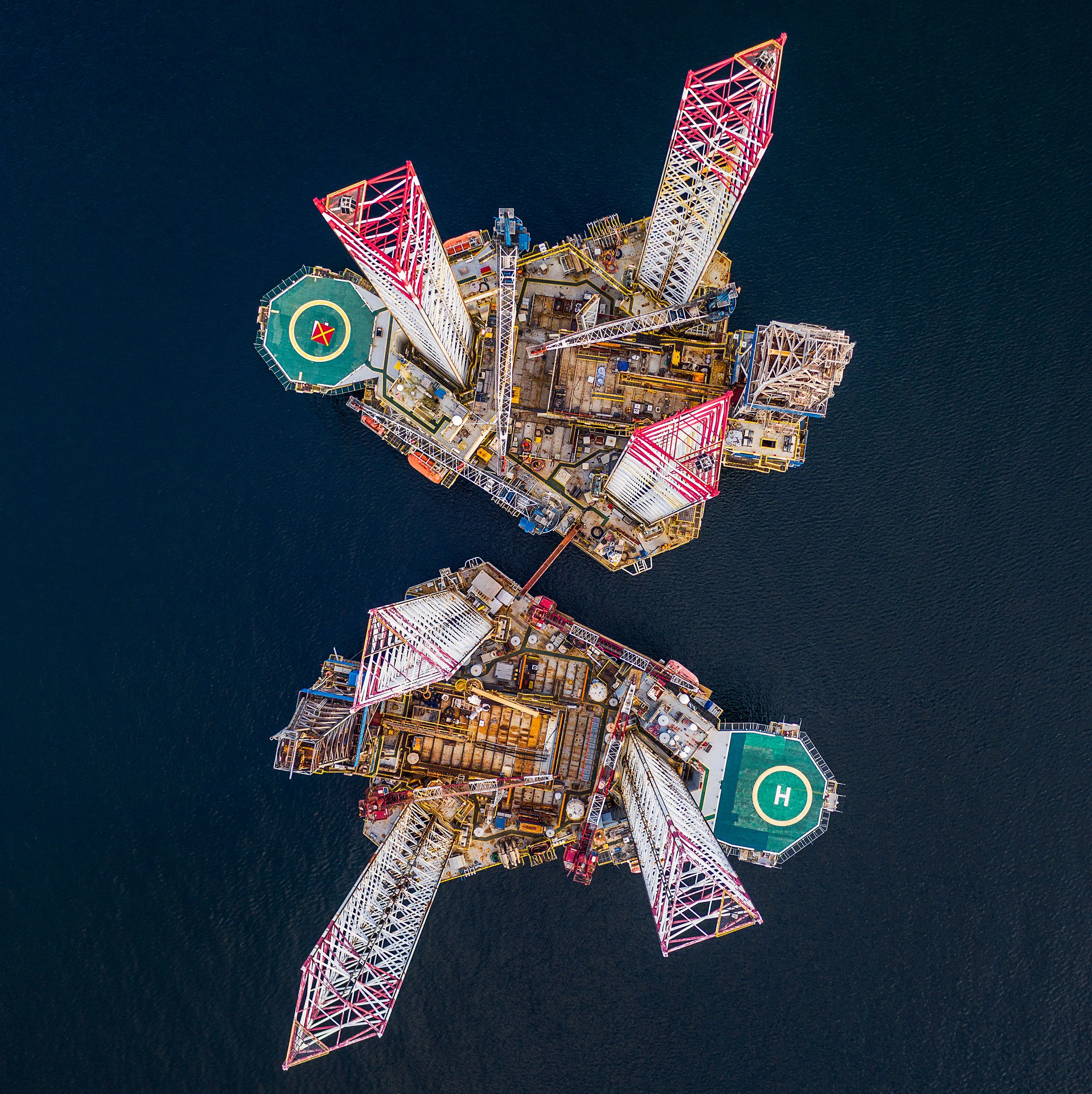 Two drilling rigs photographed from directly above, Cromarty Firth, Scotland, United Kingdom
